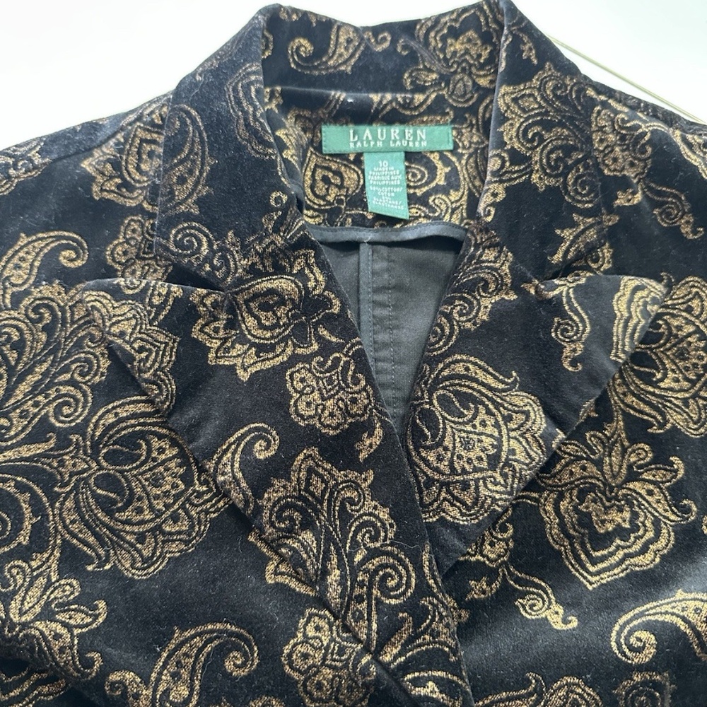 Lauren Ralph Lauren Black Gold Paisley Velvet Blazer Tailored Jacket W Sz 10 - Picture 5 of 16